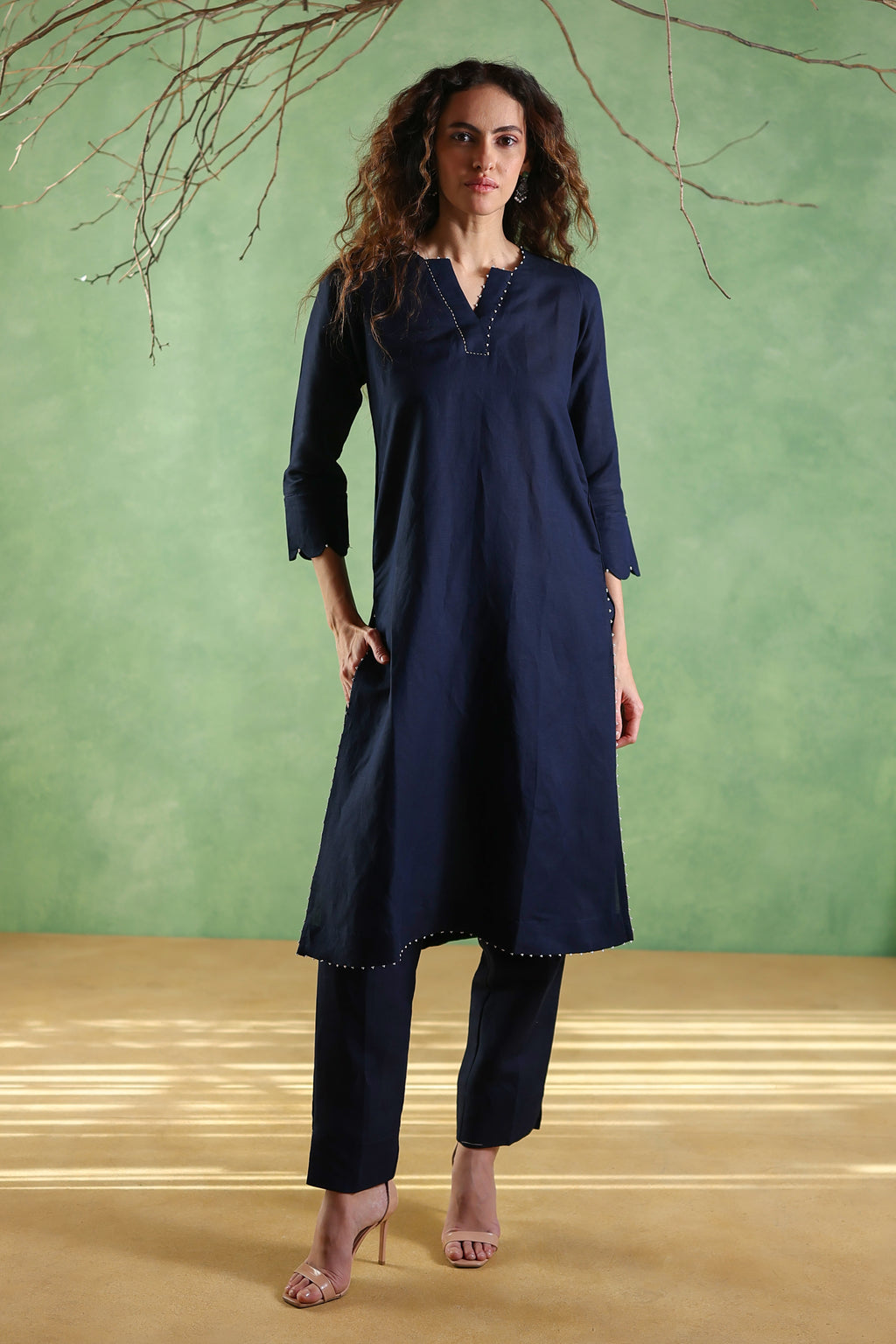 Nura Linen Kurta with Gul Moti Detailing - Mint Green or Navy