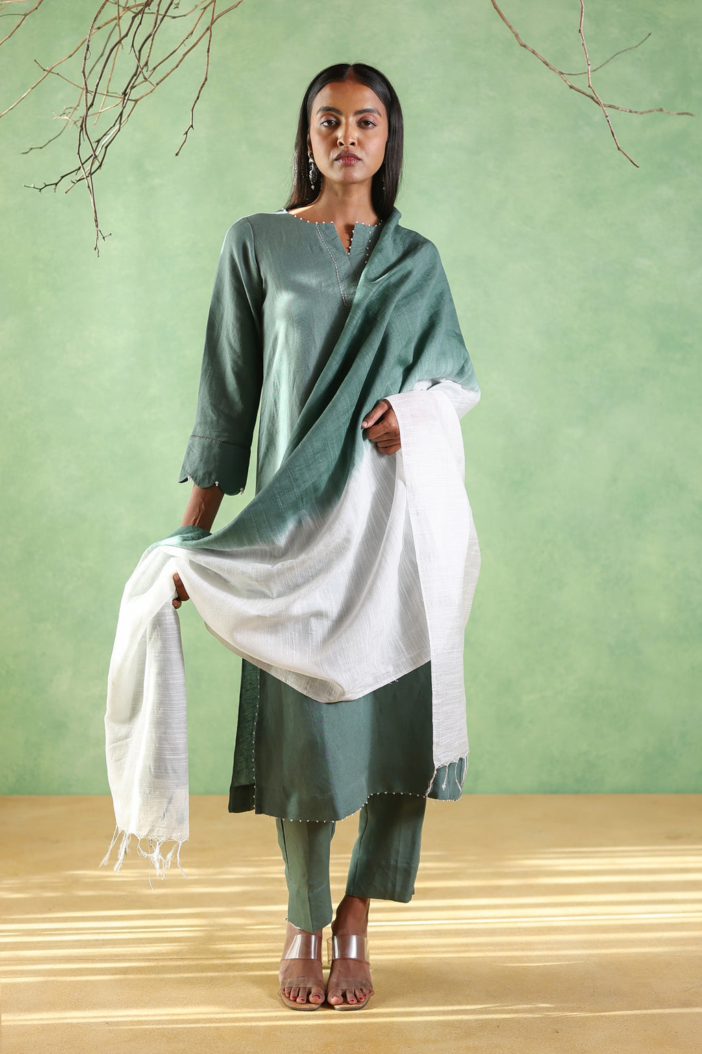Nura Linen Kurta with Gul Moti Detailing - Mint Green or Navy