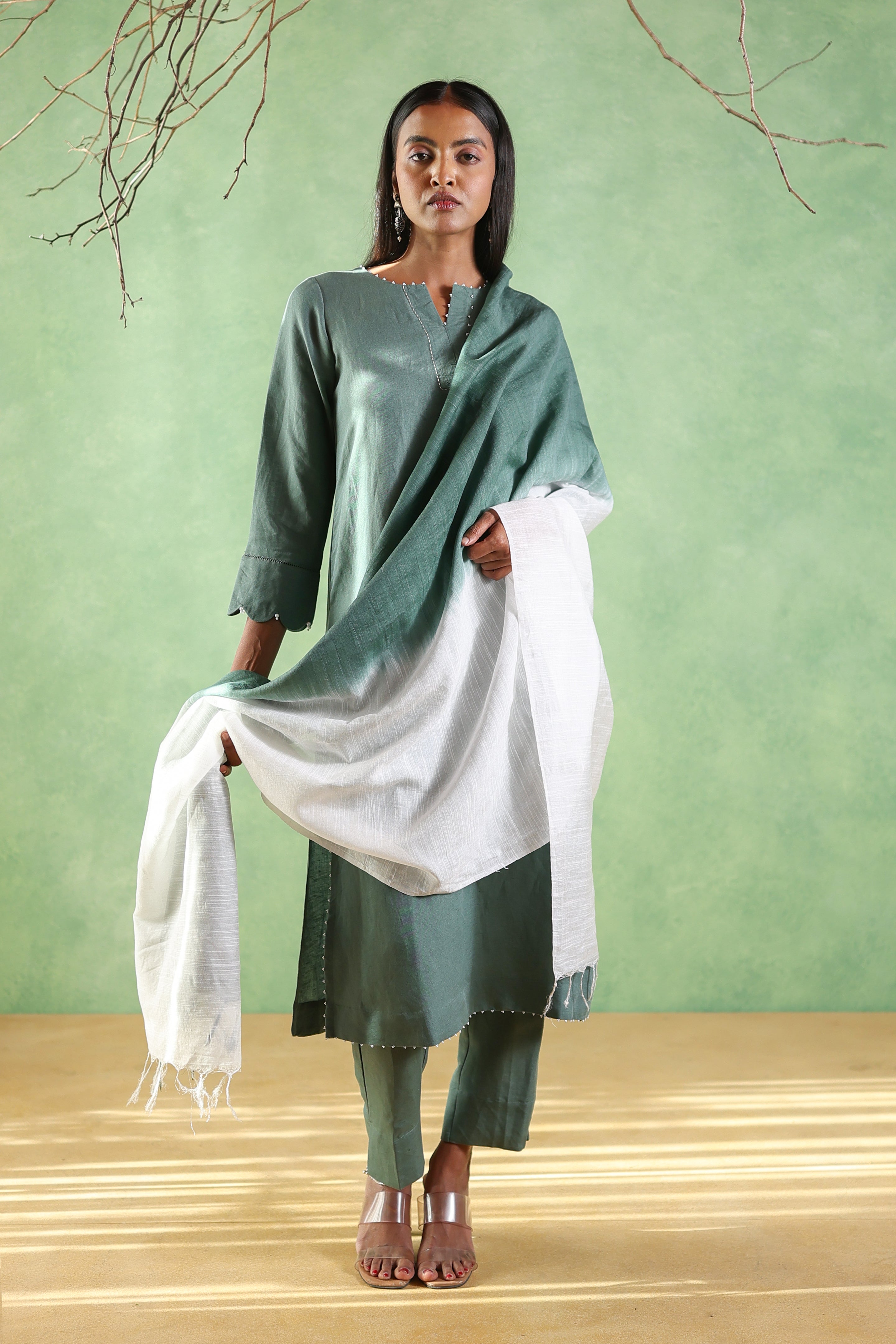 Nura Linen Kurta with Gul Moti Detailing - Mint Green or Navy