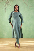 Nura Linen Kurta with Gul Moti Detailing - Mint Green or Navy