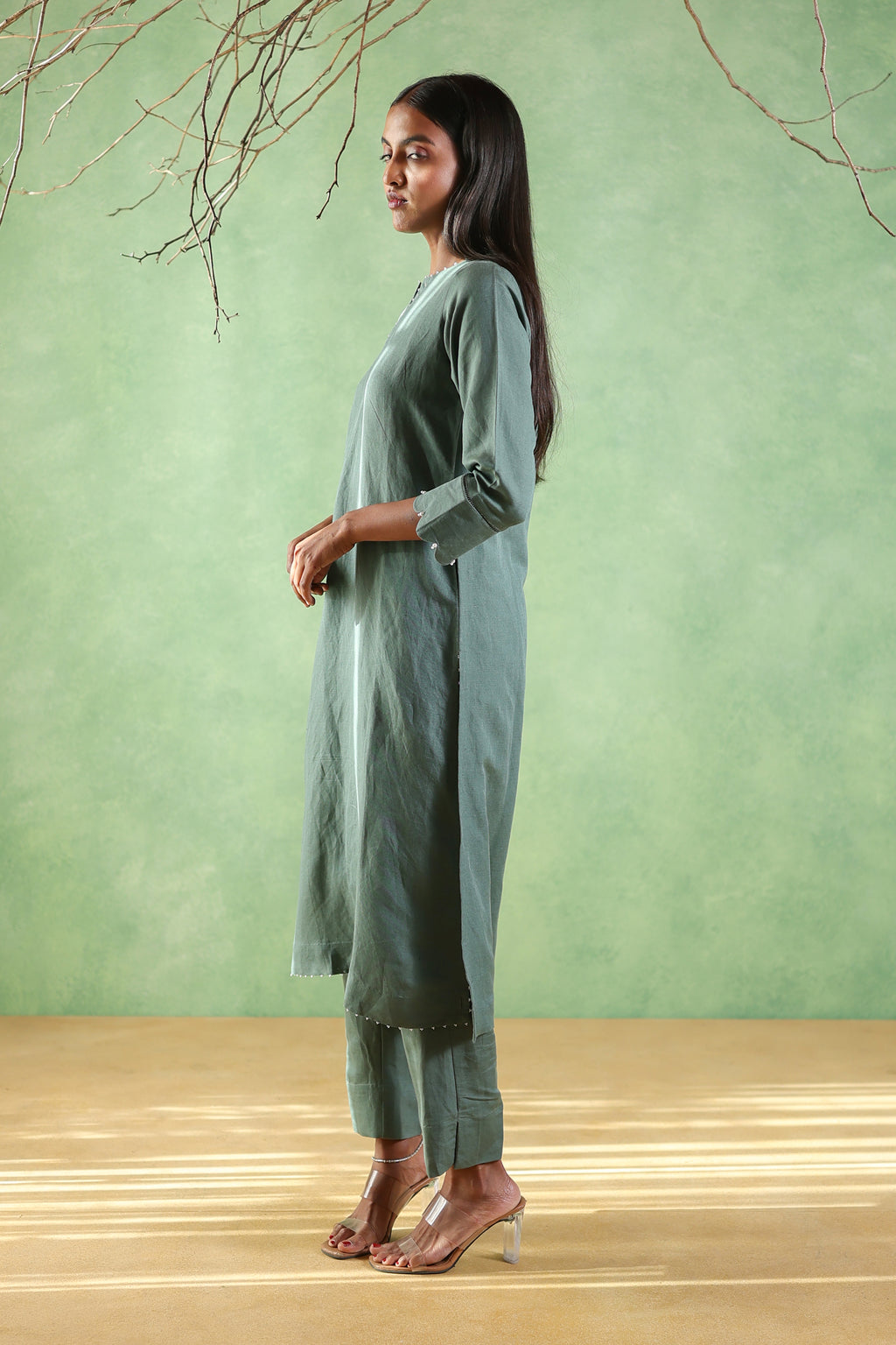 Nura Linen Kurta with Gul Moti Detailing - Mint Green or Navy