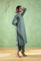Nura Linen Kurta with Gul Moti Detailing - Mint Green or Navy