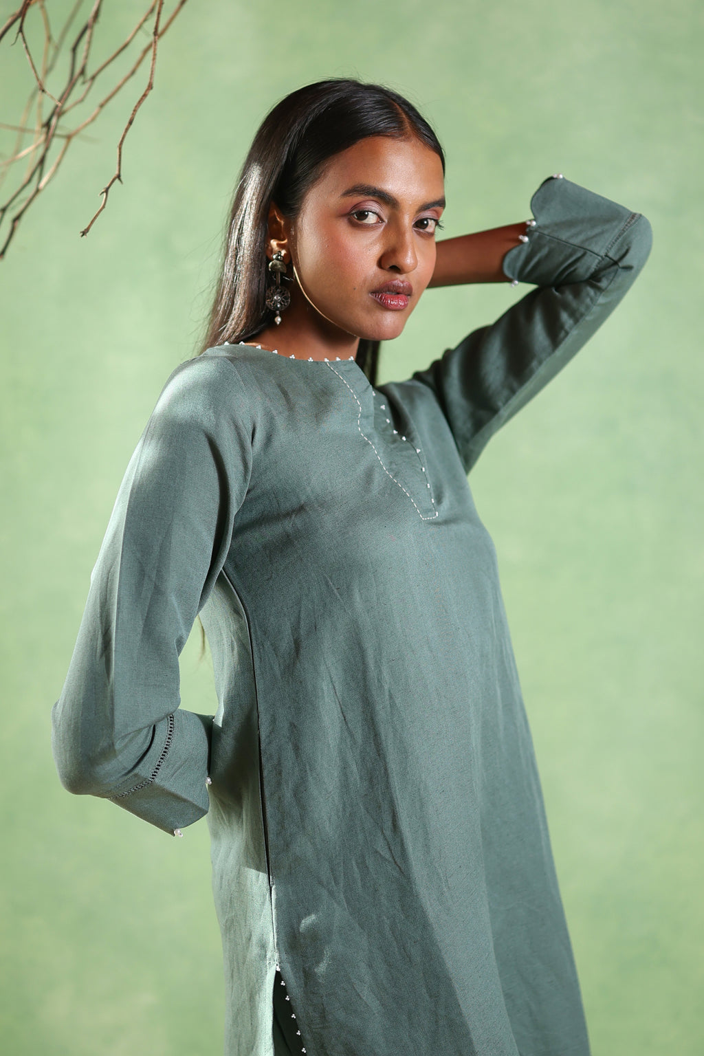 Nura Linen Kurta with Gul Moti Detailing - Mint Green or Navy