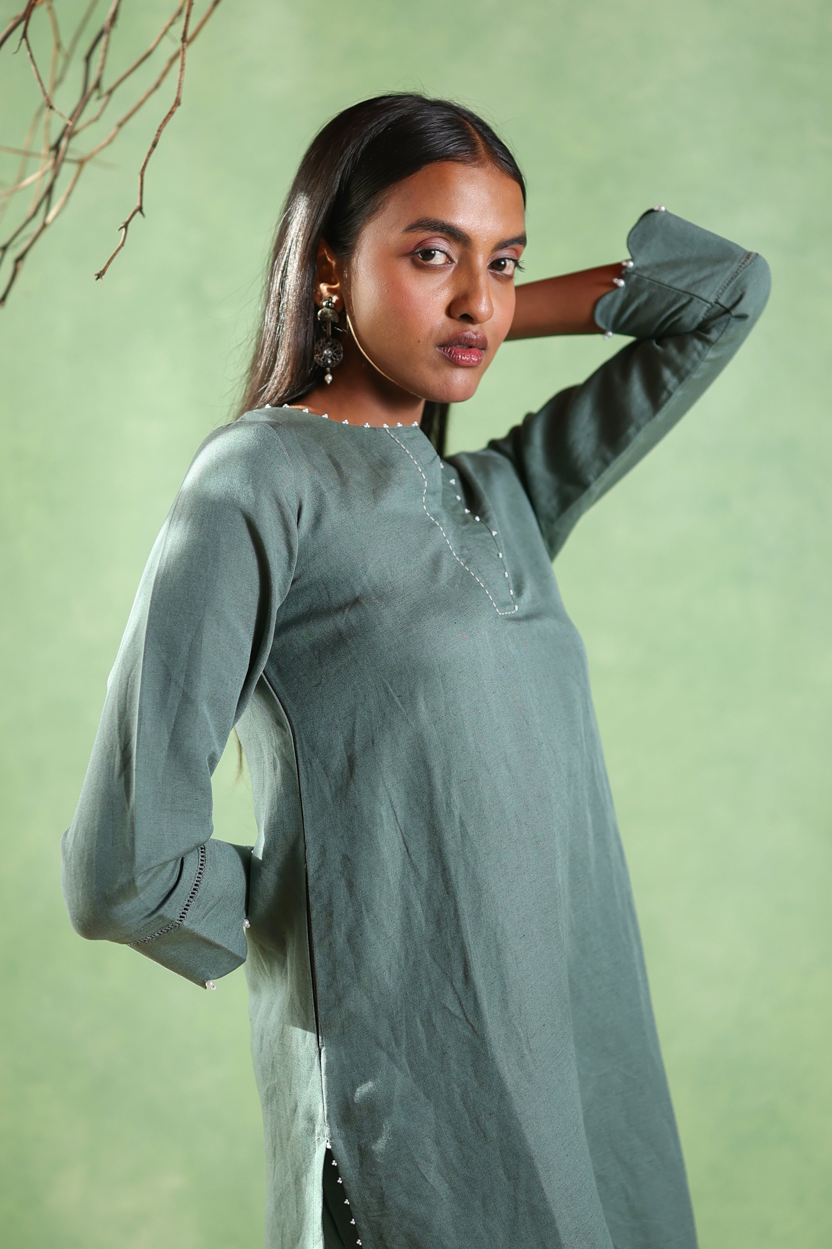 Nura Linen Kurta with Gul Moti Detailing - Mint Green or Navy