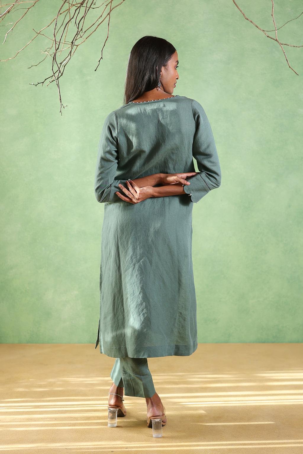 Nura Linen Kurta with Gul Moti Detailing - Mint Green or Navy