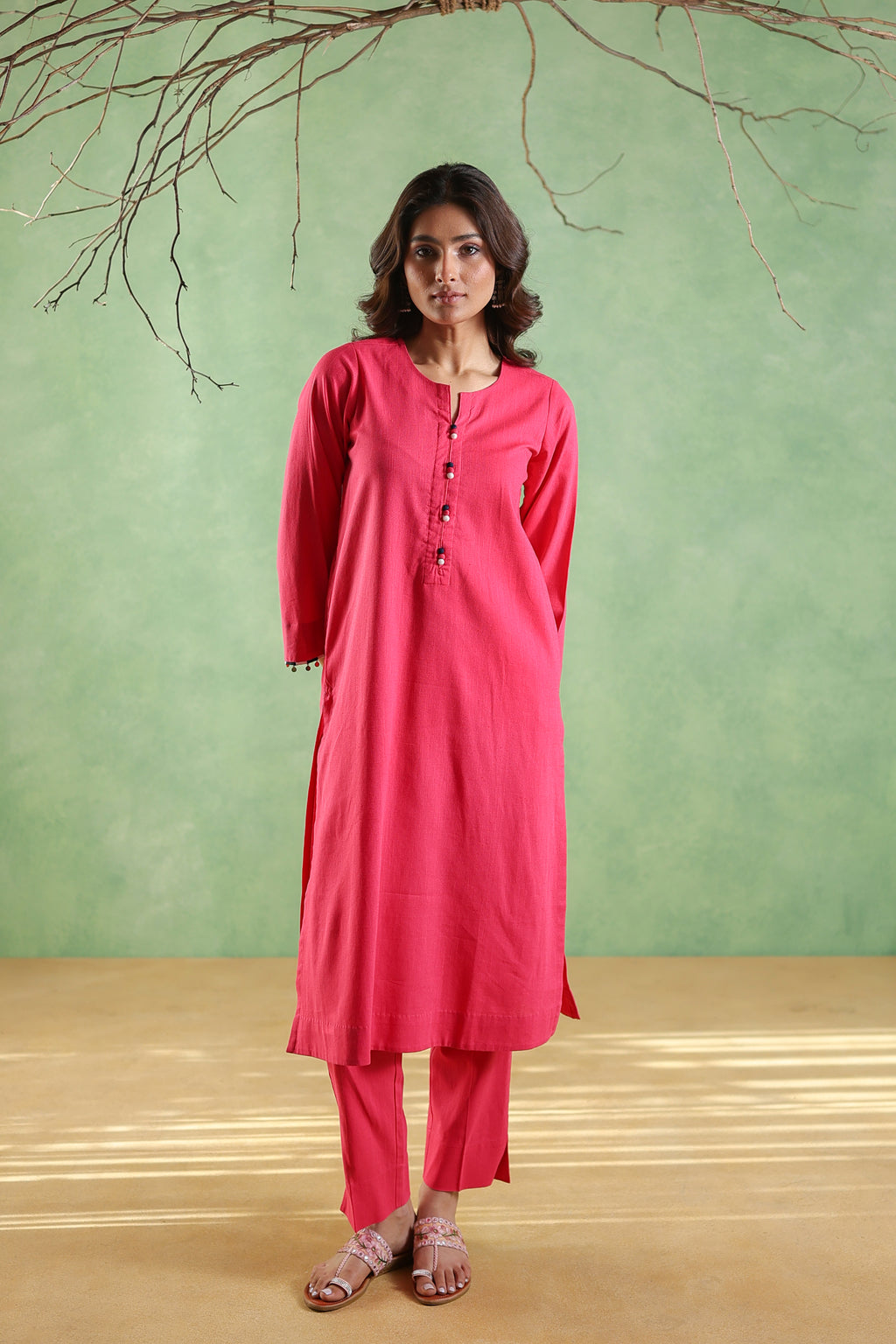 Afsana Kurta and Pant with Gold Coin Detailing - Royal Pink
