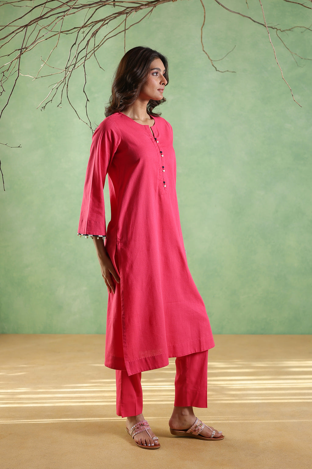 Afsana Kurta and Pant with Gold Coin Detailing - Royal Pink