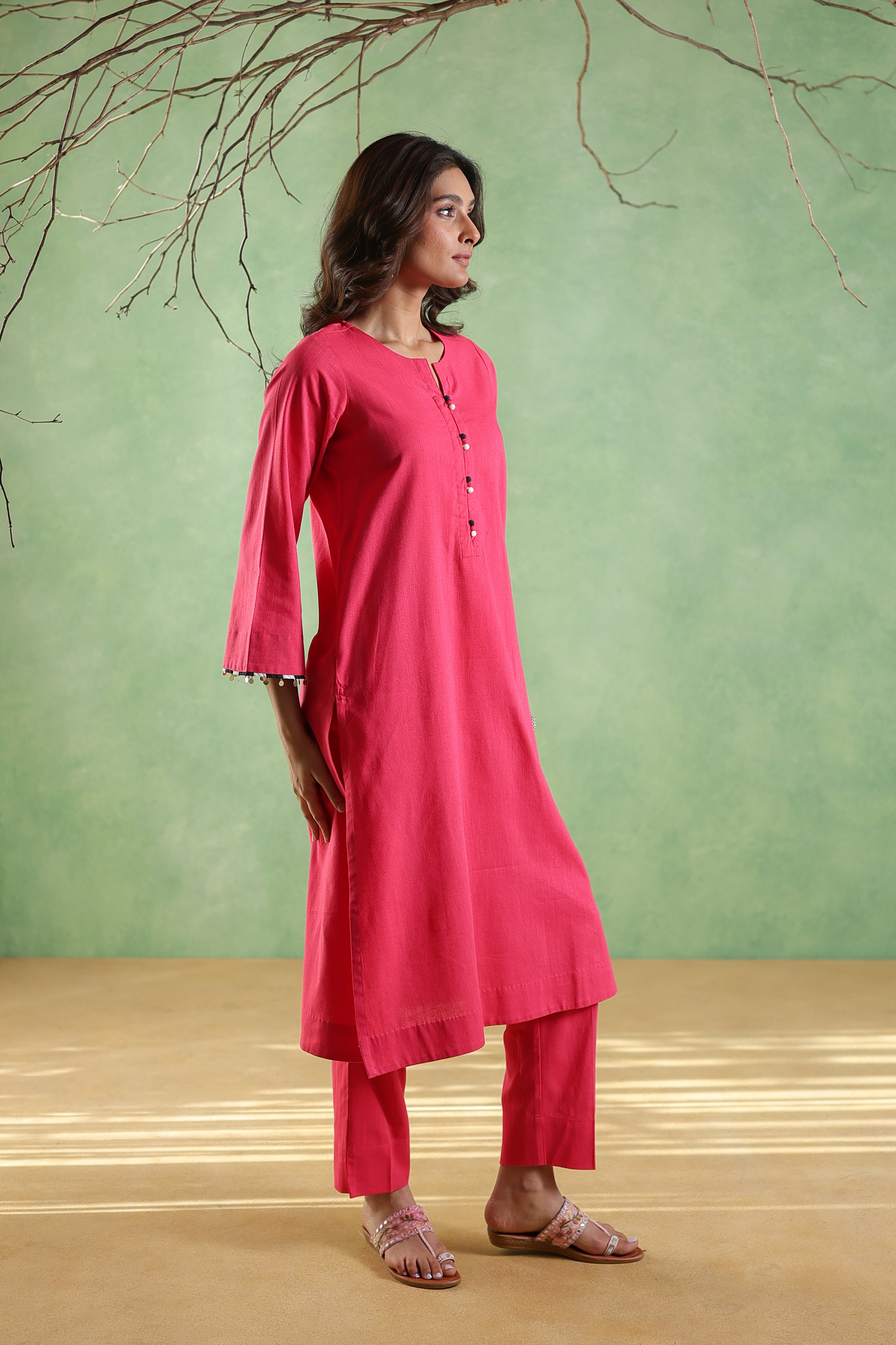 Afsana Kurta and Pant with Gold Coin Detailing - Royal Pink