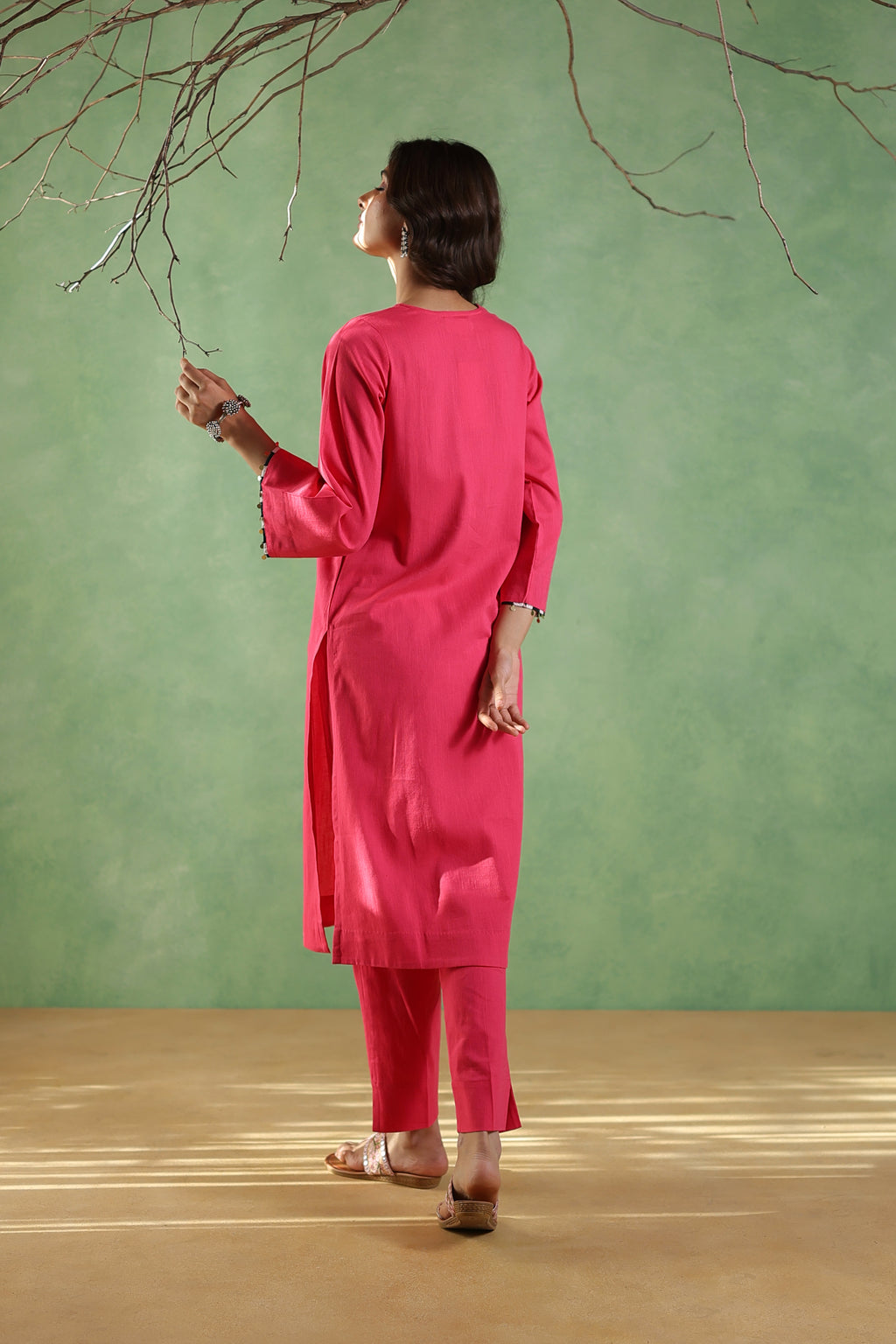 Afsana Kurta and Pant with Gold Coin Detailing - Royal Pink